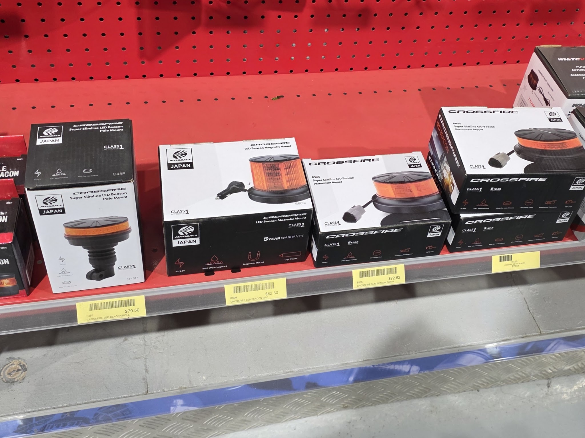 Crossfire LED beacons on the shelf with price tickets